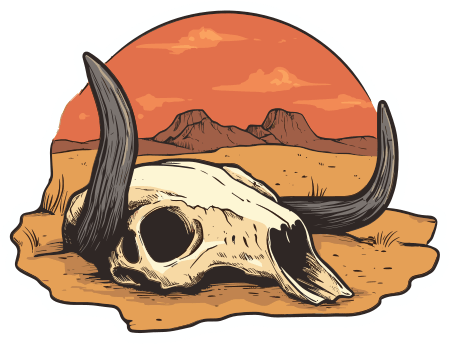 die-cut sticker of an animal skull lying in the desert